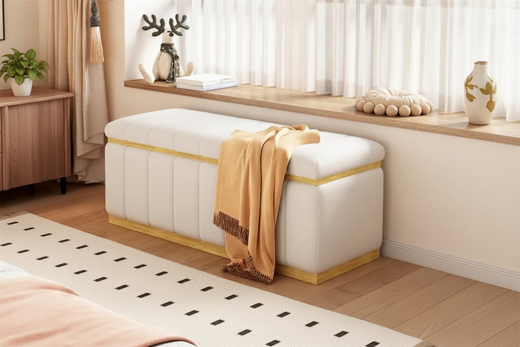 Modern storage bench linen Fabric Upholstered+Solid wood frame Bench