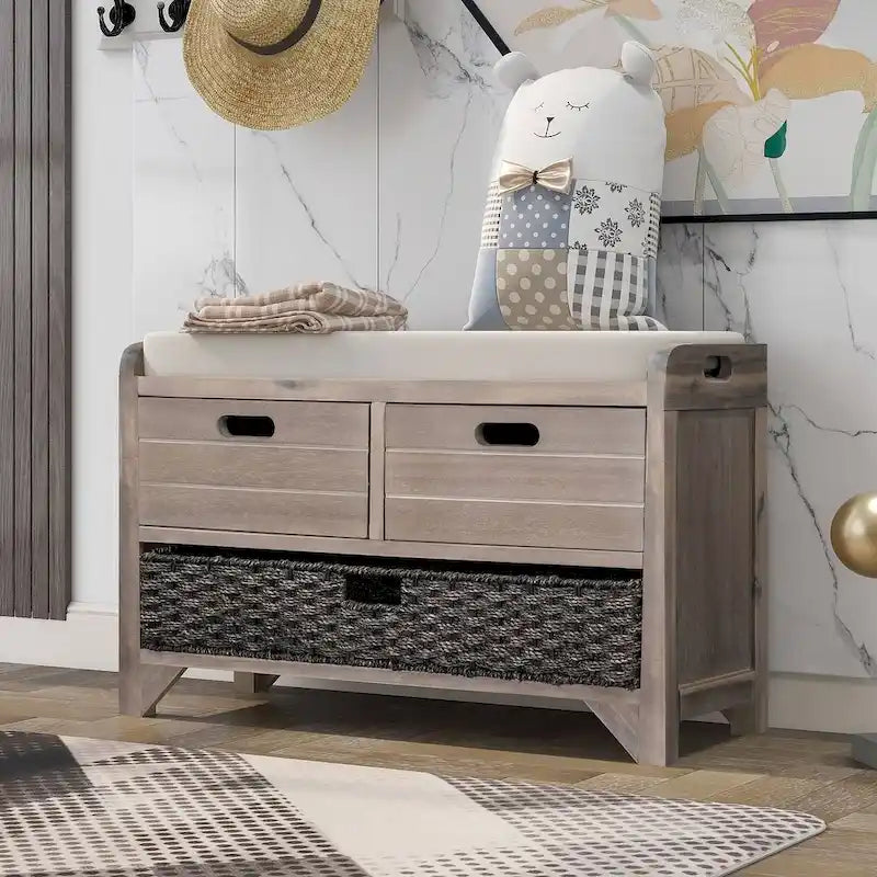 32-inch Upholstered Storage Bench with 2 Drawers and Removable Basket