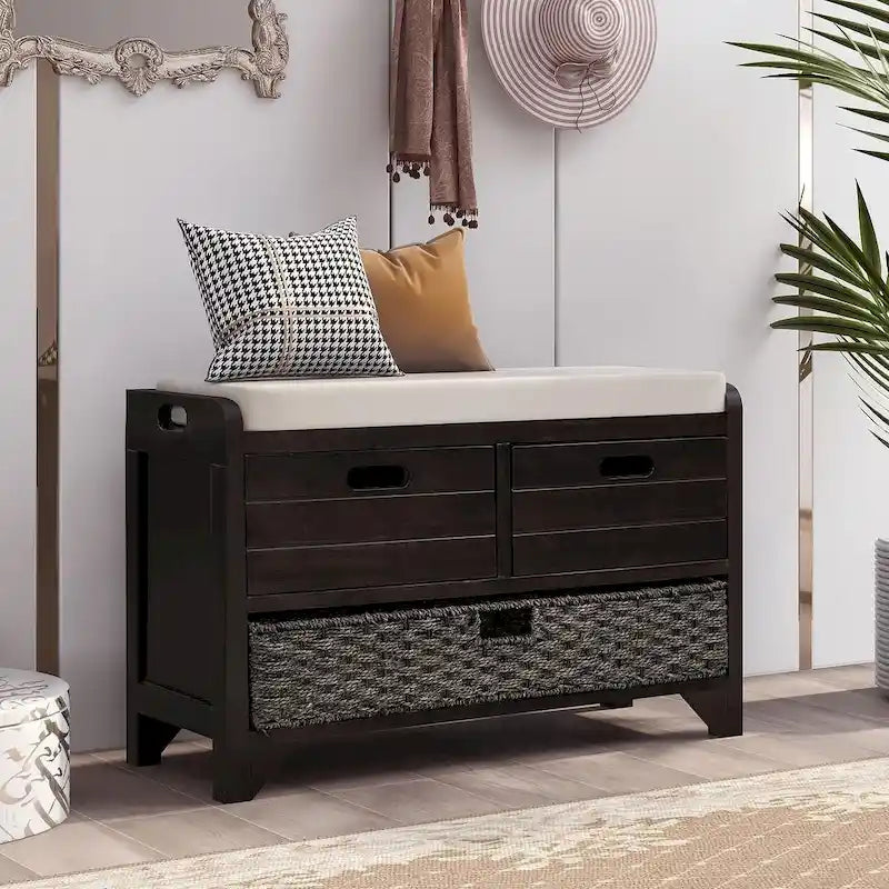 32-inch Upholstered Storage Bench with 2 Drawers and Removable Basket