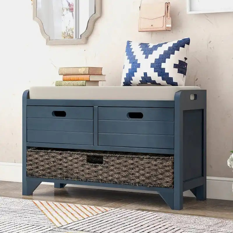 32-inch Upholstered Storage Bench with 2 Drawers and Removable Basket