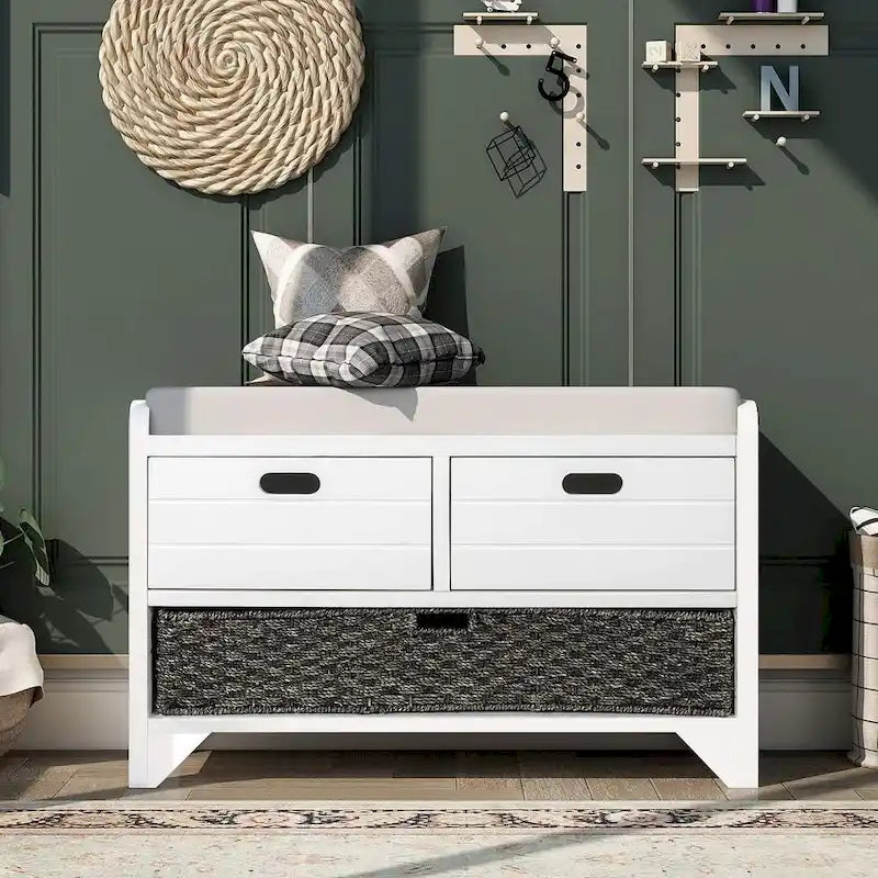 32-inch Upholstered Storage Bench with 2 Drawers and Removable Basket