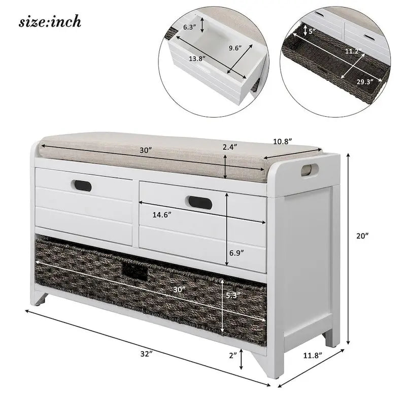 32-inch Upholstered Storage Bench with 2 Drawers and Removable Basket