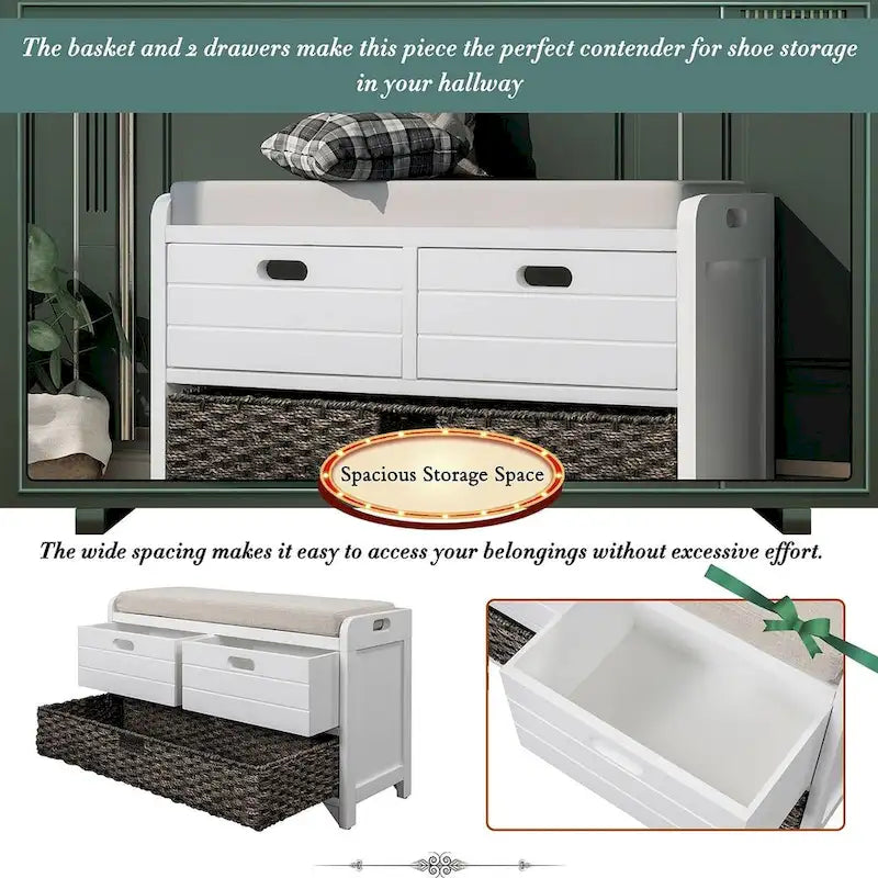 32-inch Upholstered Storage Bench with 2 Drawers and Removable Basket