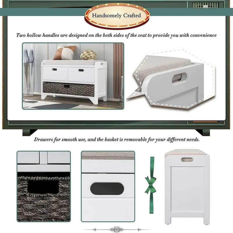 32-inch Upholstered Storage Bench with 2 Drawers and Removable Basket