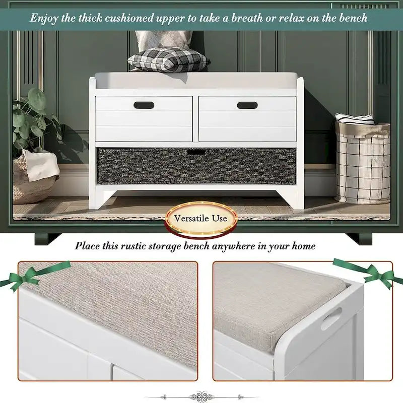32-inch Upholstered Storage Bench with 2 Drawers and Removable Basket