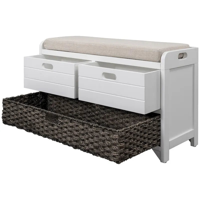 32-inch Upholstered Storage Bench with 2 Drawers and Removable Basket