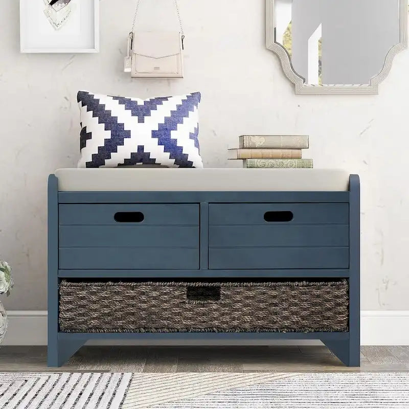 32-inch Upholstered Storage Bench with 2 Drawers and Removable Basket
