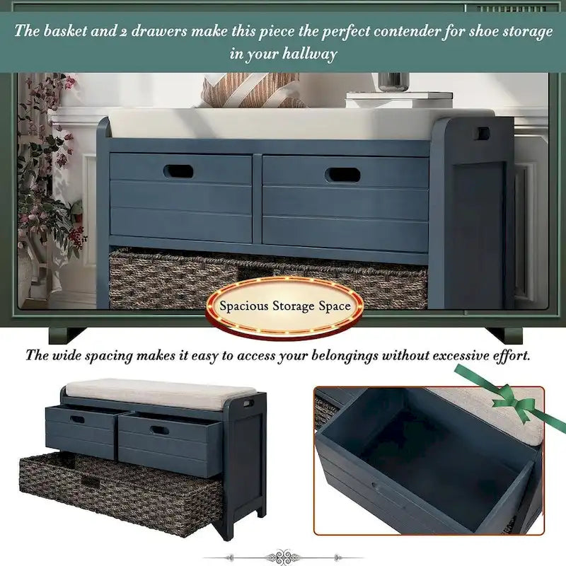 32-inch Upholstered Storage Bench with 2 Drawers and Removable Basket
