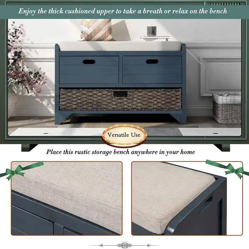 32-inch Upholstered Storage Bench with 2 Drawers and Removable Basket