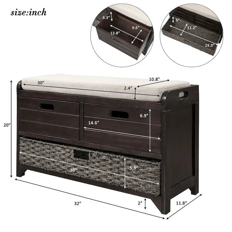 32-inch Upholstered Storage Bench with 2 Drawers and Removable Basket