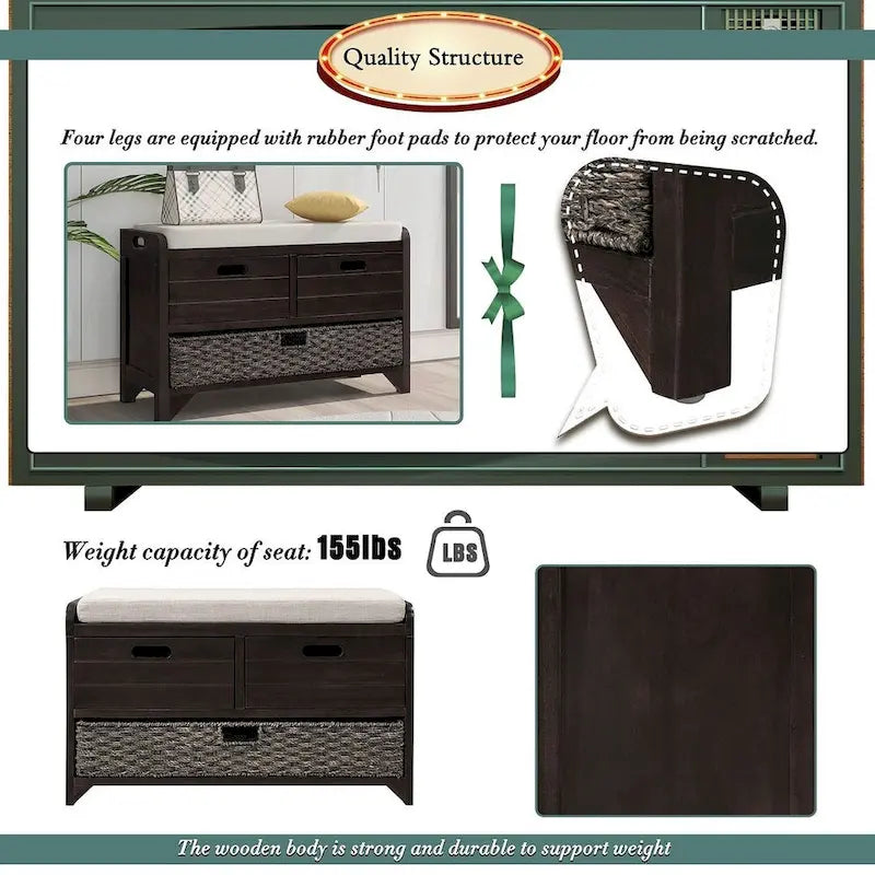 32-inch Upholstered Storage Bench with 2 Drawers and Removable Basket