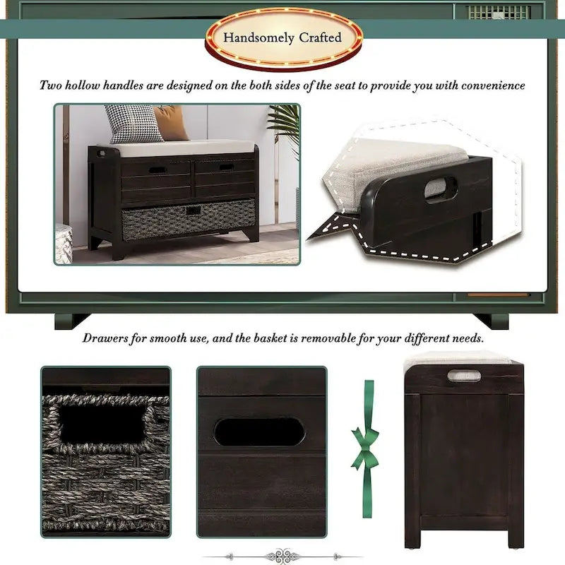 32-inch Upholstered Storage Bench with 2 Drawers and Removable Basket