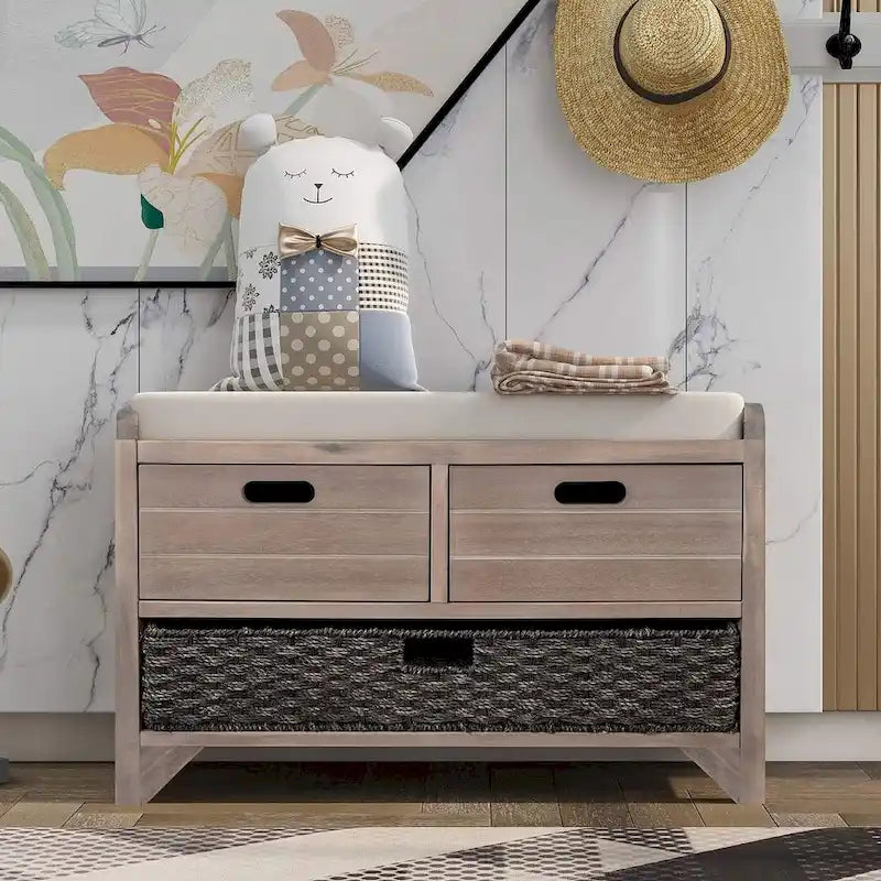 32-inch Upholstered Storage Bench with 2 Drawers and Removable Basket