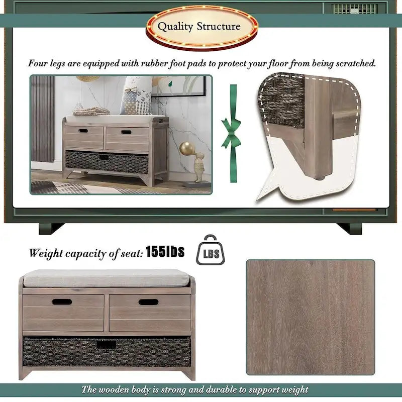 32-inch Upholstered Storage Bench with 2 Drawers and Removable Basket