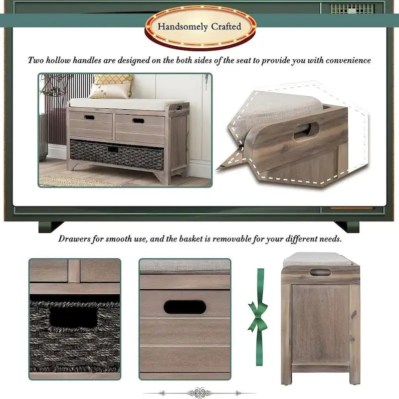 32-inch Upholstered Storage Bench with 2 Drawers and Removable Basket