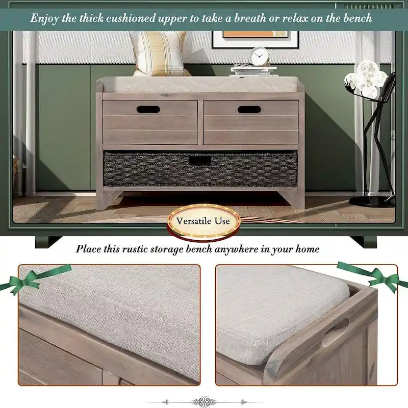 32-inch Upholstered Storage Bench with 2 Drawers and Removable Basket