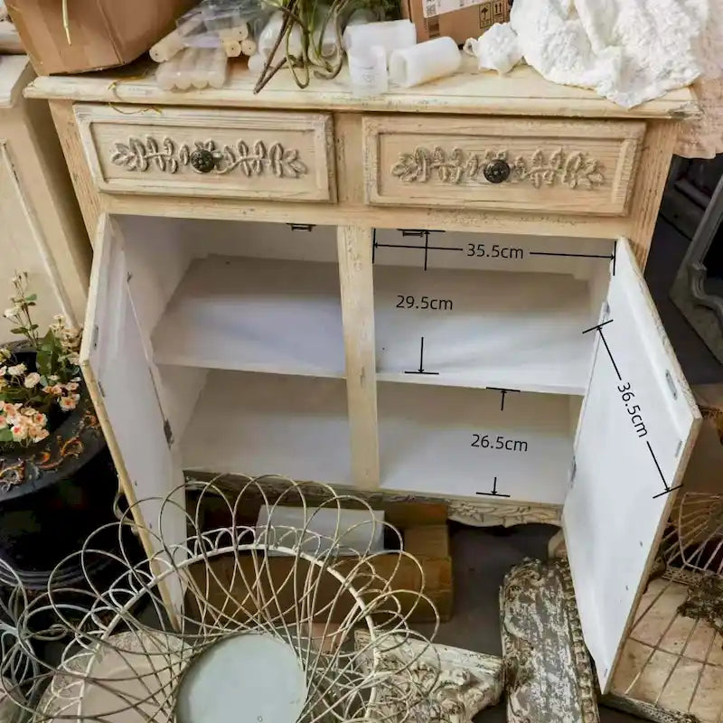 Vintage Cream Wood Cabinet with 2 Drawers and Double Door