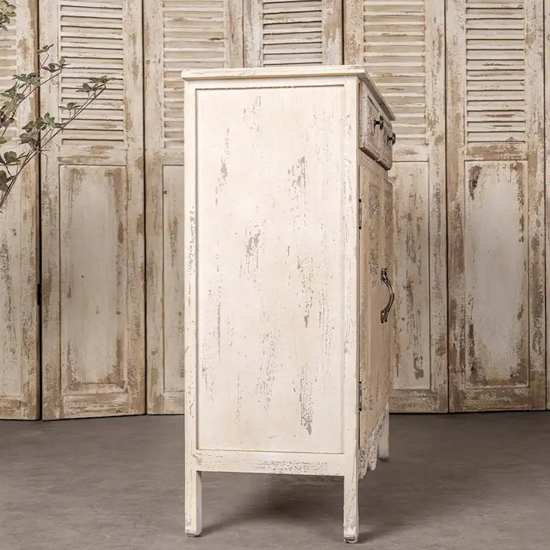 Vintage Cream Wood Cabinet with 2 Drawers and Double Door