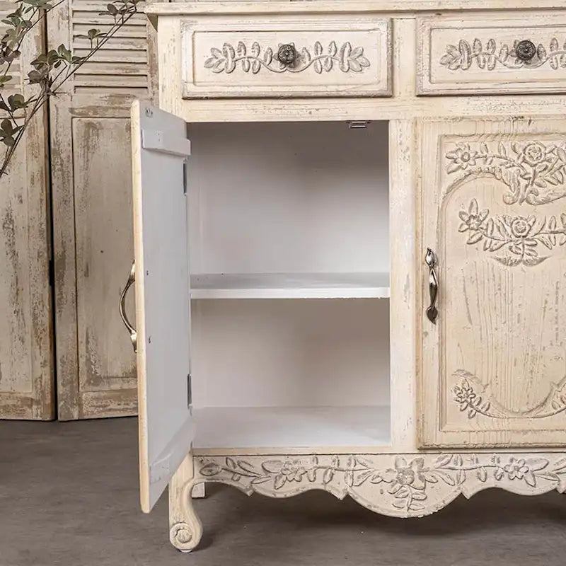 Vintage Cream Wood Cabinet with 2 Drawers and Double Door