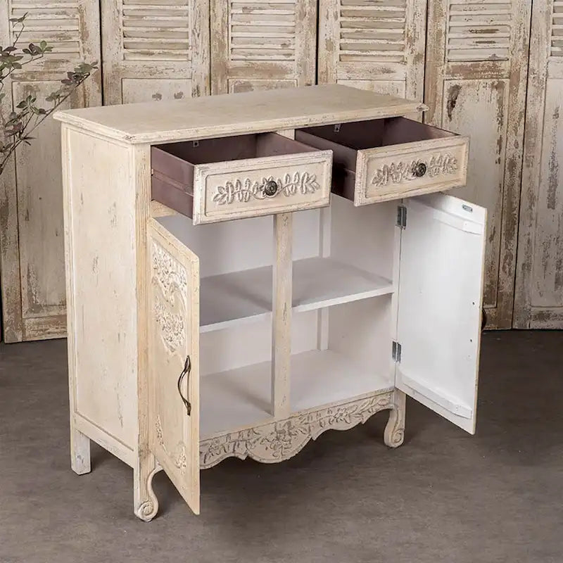 Vintage Cream Wood Cabinet with 2 Drawers and Double Door