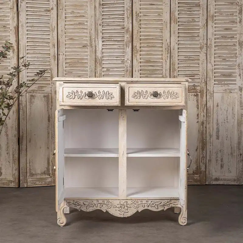 Vintage Cream Wood Cabinet with 2 Drawers and Double Door
