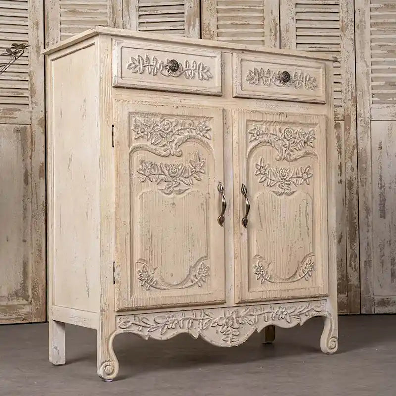 Vintage Cream Wood Cabinet with 2 Drawers and Double Door