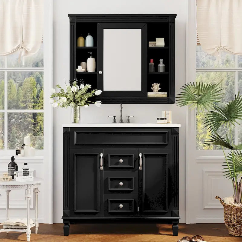 36in Bathroom Vanity with Top Sink, 2 Soft-Close Doors, 2 Drawers and Mirror Cabinet