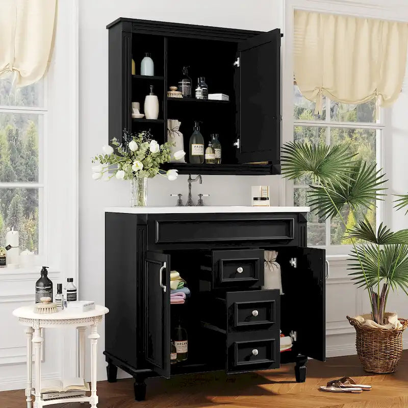 36in Bathroom Vanity with Top Sink, 2 Soft-Close Doors, 2 Drawers and Mirror Cabinet