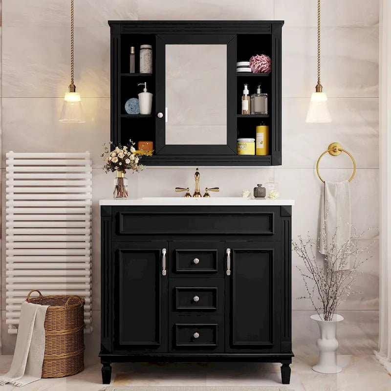 36in Bathroom Vanity with Top Sink, 2 Soft-Close Doors, 2 Drawers and Mirror Cabinet