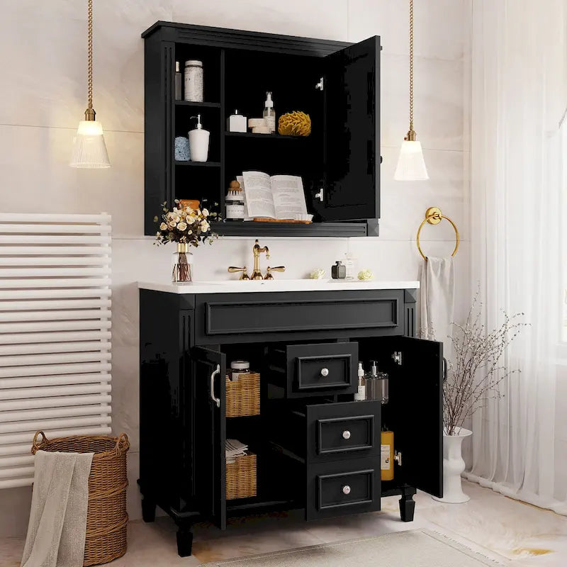 36in Bathroom Vanity with Top Sink, 2 Soft-Close Doors, 2 Drawers and Mirror Cabinet