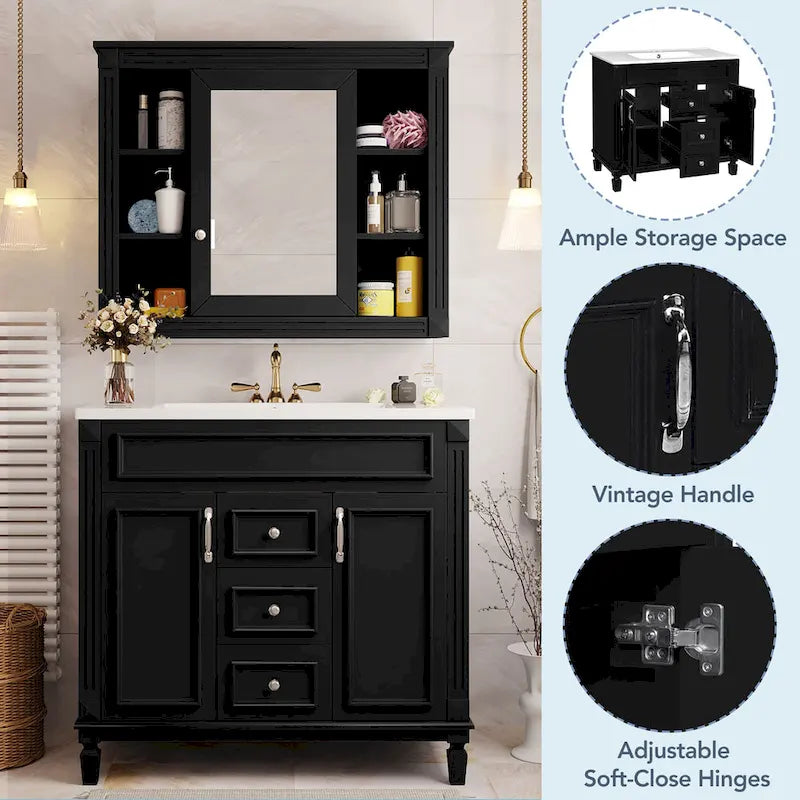 36in Bathroom Vanity with Top Sink, 2 Soft-Close Doors, 2 Drawers and Mirror Cabinet
