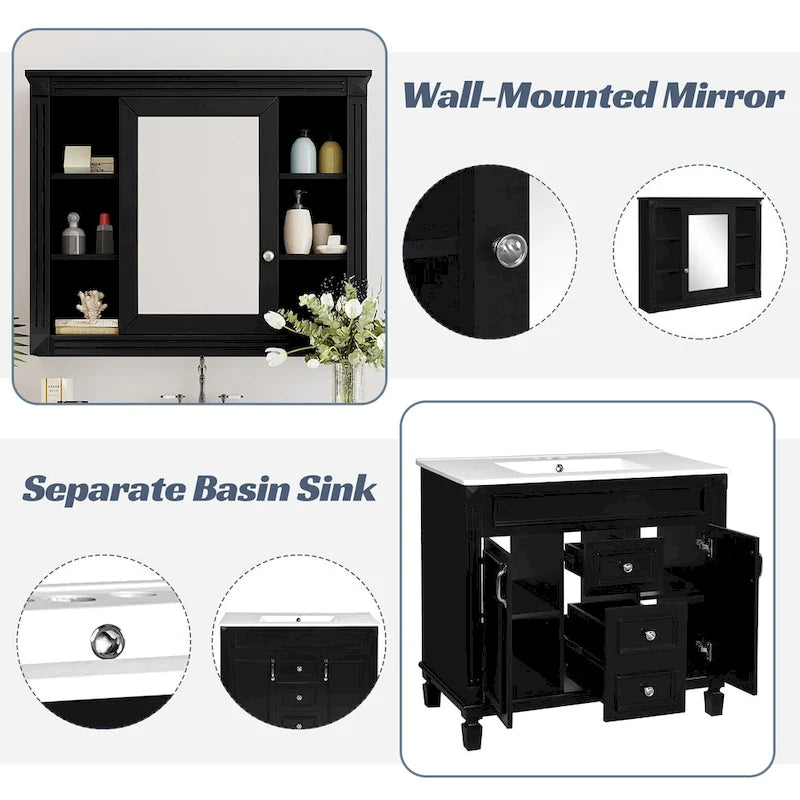 36in Bathroom Vanity with Top Sink, 2 Soft-Close Doors, 2 Drawers and Mirror Cabinet