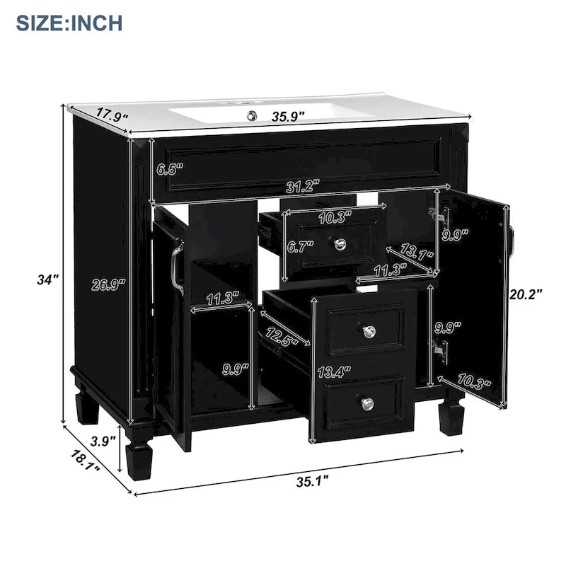 36in Bathroom Vanity with Top Sink, 2 Soft-Close Doors, 2 Drawers and Mirror Cabinet