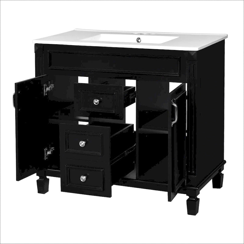36in Bathroom Vanity with Top Sink, 2 Soft-Close Doors, 2 Drawers and Mirror Cabinet