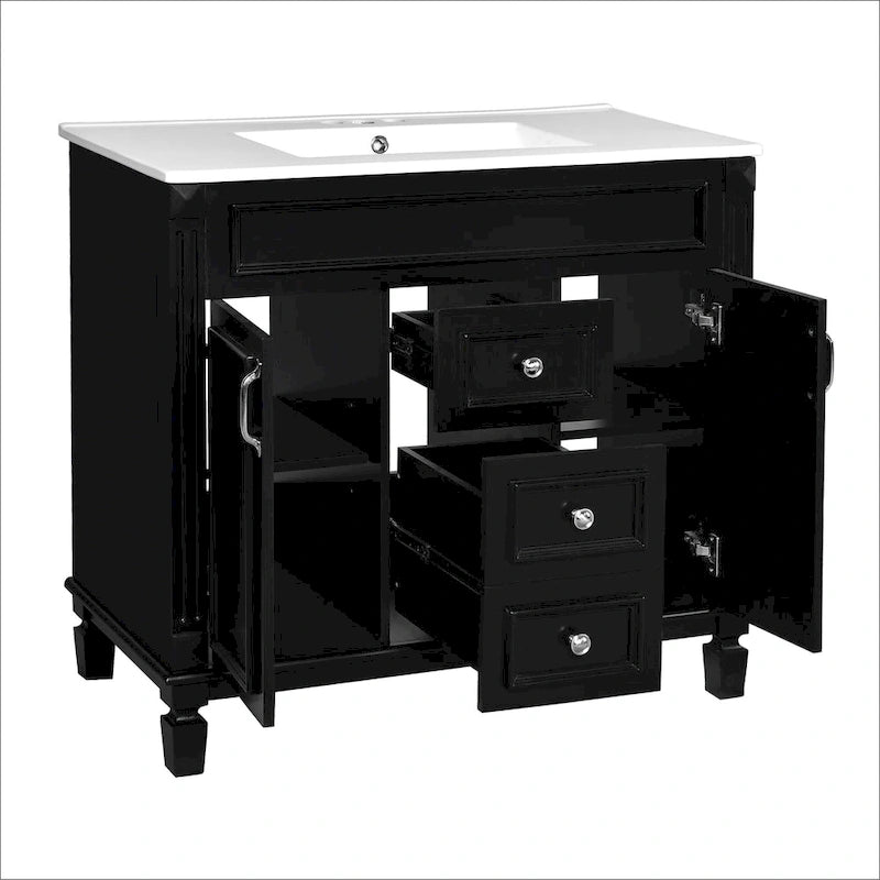 36in Bathroom Vanity with Top Sink, 2 Soft-Close Doors, 2 Drawers and Mirror Cabinet