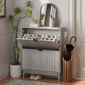 Slim Fluted Shoe Cabinet with 2 Flip Drawers and Solid Wood Legs for Entryway