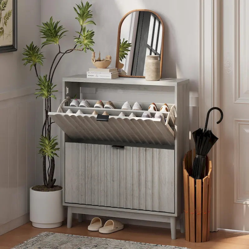 Slim Fluted Shoe Cabinet with 2 Flip Drawers and Solid Wood Legs for Entryway