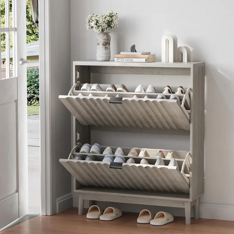 Slim Fluted Shoe Cabinet with 2 Flip Drawers and Solid Wood Legs for Entryway