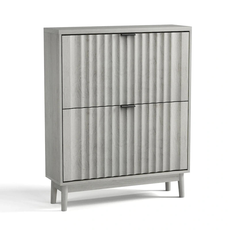 Slim Fluted Shoe Cabinet with 2 Flip Drawers and Solid Wood Legs for Entryway