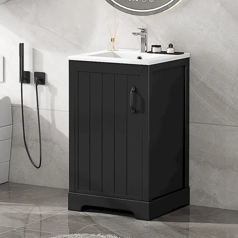 20in Bathroom Vanity Cabinet with Ceramic Sink and Soft-Close Door - Black