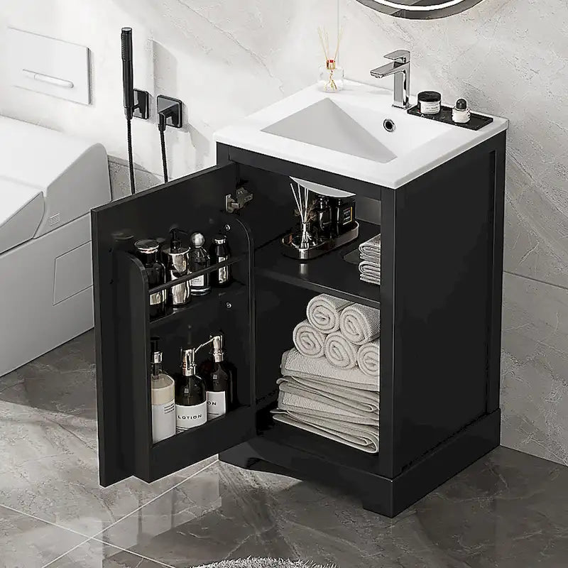 20in Bathroom Vanity Cabinet with Ceramic Sink and Soft-Close Door - Black