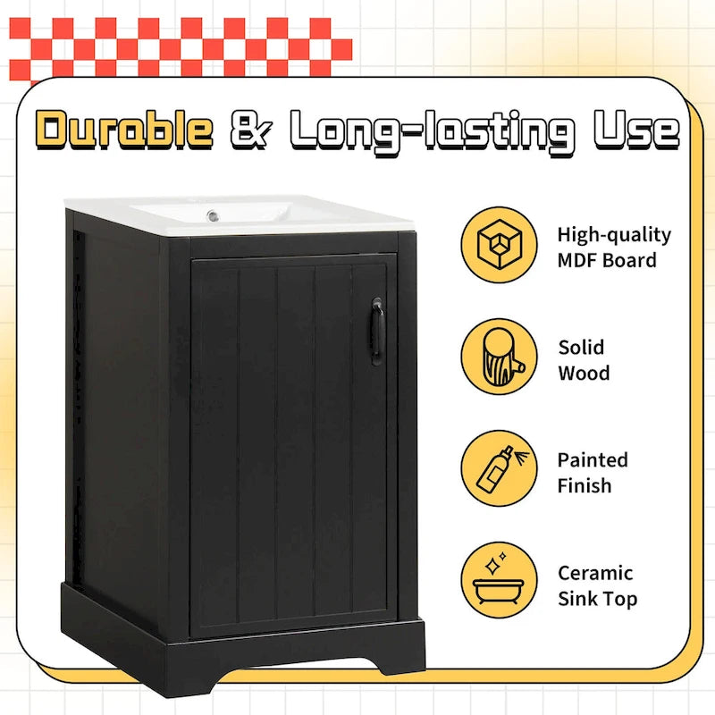 20in Bathroom Vanity Cabinet with Ceramic Sink and Soft-Close Door - Black