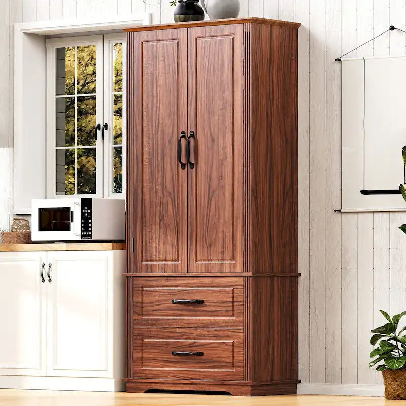 71in Tall Freestanding Kitchen Pantry Cabinet with 2 Drawers and 8 Door Shelves