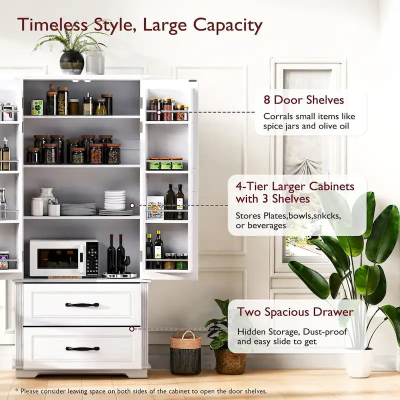 71in Tall Freestanding Kitchen Pantry Cabinet with 2 Drawers and 8 Door Shelves