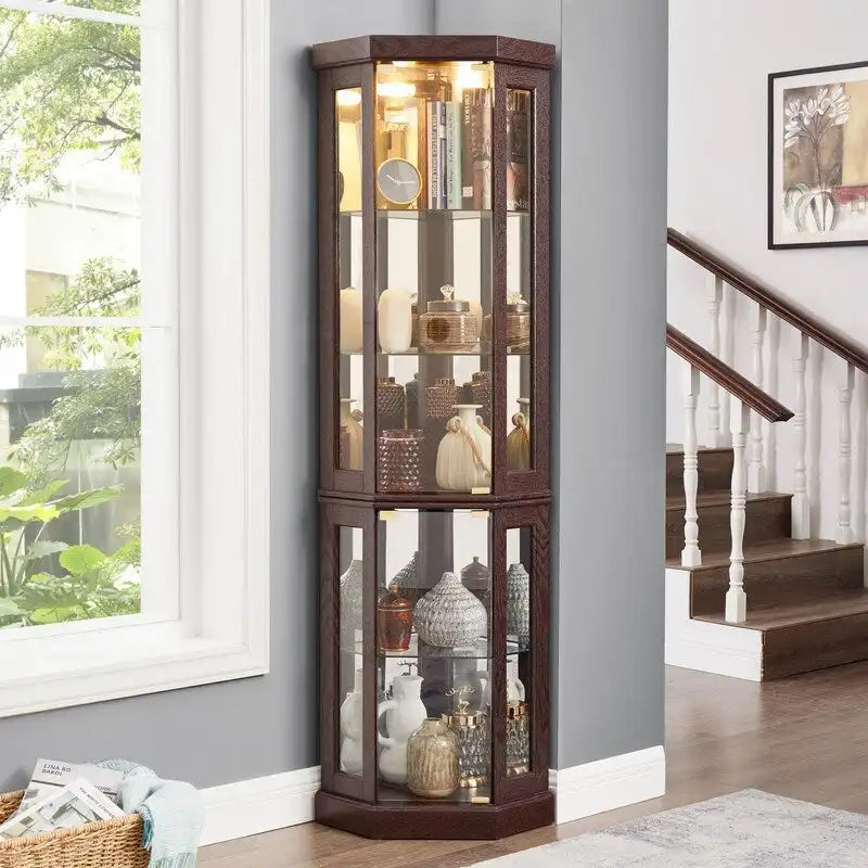Corner Curio Cabinet with Built-In Lights, Glass Doors and Adjustable Shelves