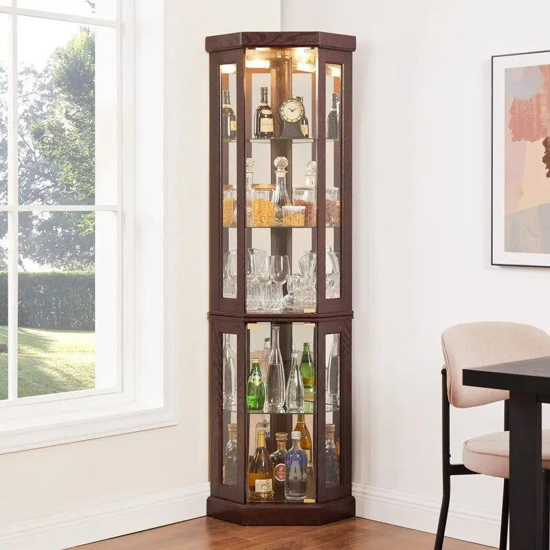 Corner Curio Cabinet with Built-In Lights, Glass Doors and Adjustable Shelves