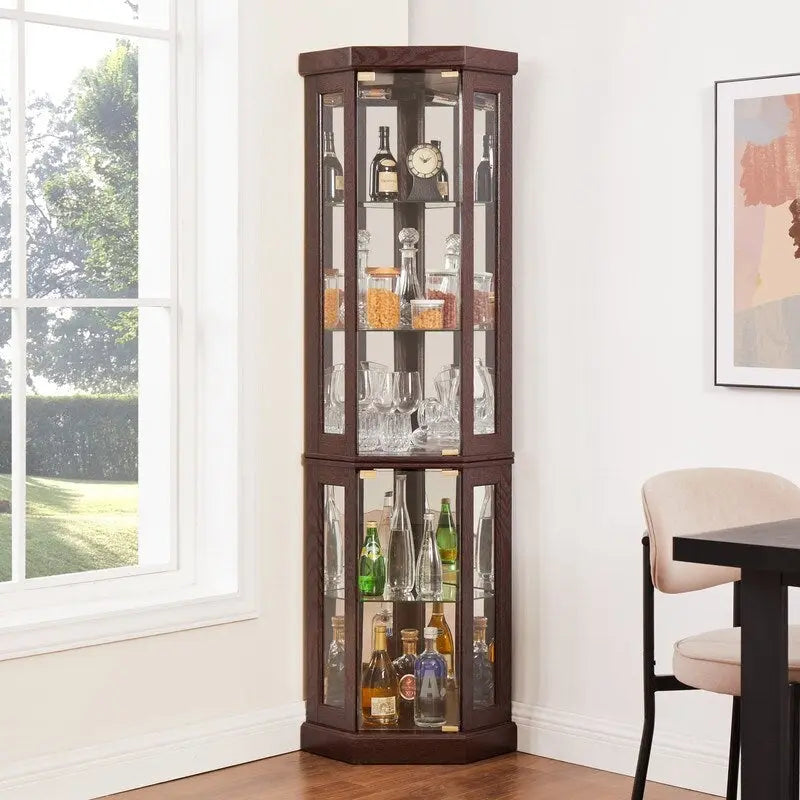 Corner Curio Cabinet with Built-In Lights, Glass Doors and Adjustable Shelves