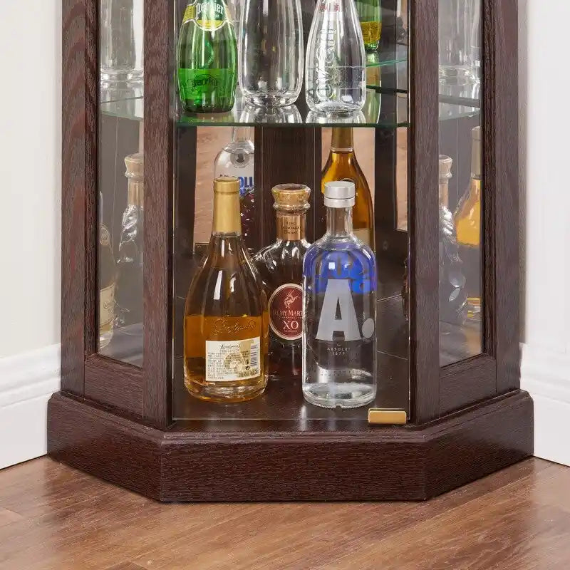 Corner Curio Cabinet with Built-In Lights, Glass Doors and Adjustable Shelves