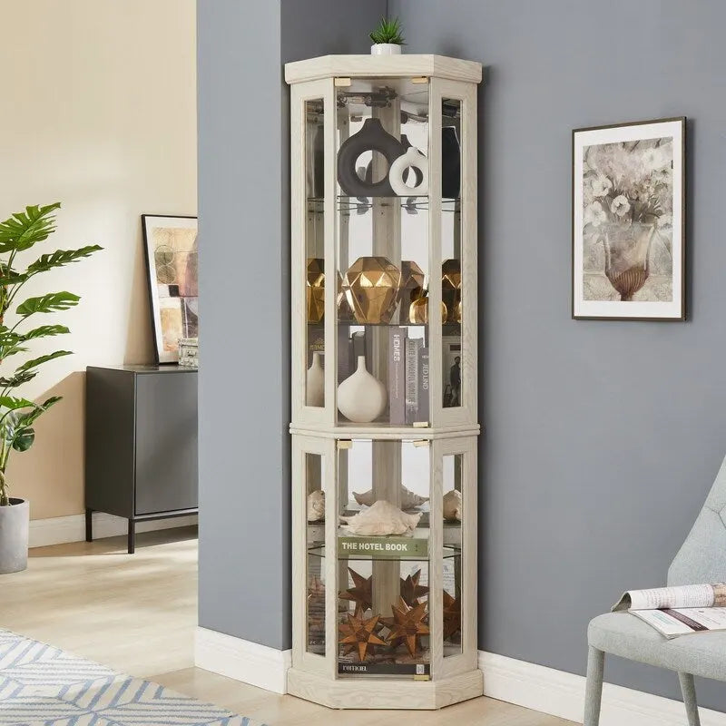 Corner Curio Cabinet with Built-In Lights, Glass Doors and Adjustable Shelves
