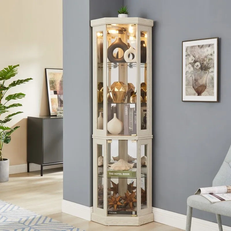 Corner Curio Cabinet with Built-In Lights, Glass Doors and Adjustable Shelves